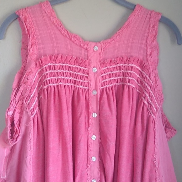 Free People Oversized Flowy Gossy Boho Tunic Pink Distressed cotton Top Size L, - Picture 8 of 10